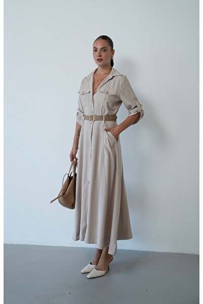 Myra Fashion Safari Gömlek Yaka Kemerli Cepli Midi Elbise
