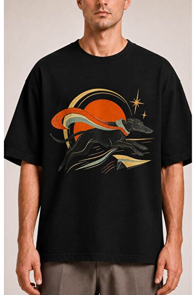 CANMODA Running Greyhound – Black Oversize Printed Design T-Shirt