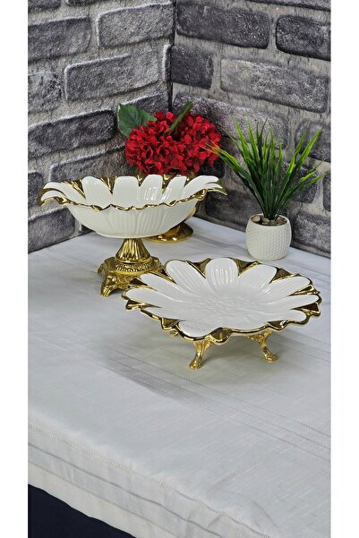 SEÇKİNEV Flora Porselen 2'li Zamak Döküm Ayaklı Gold Set SLN007016