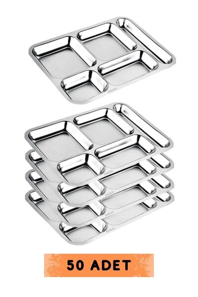 Genel Markalar Paslanmaz Çelik 5 Bölmeli Metal Tabldot Tabağı 28x40cm (50 ADE...