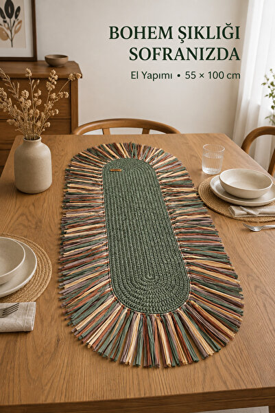 Sawinno Home Raffia Püsküllü Bohem Runner Masa Örtüsü 55x100 cm