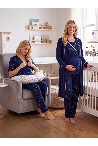 Lohussa New Season Navy Blue Polka Dot Double Breasted Breastfeeding Compatib...