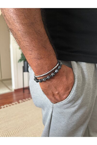 DGK COLLECTİON Anthracite and Dark Silver Color 2-Piece Men's Bracelet Combin...