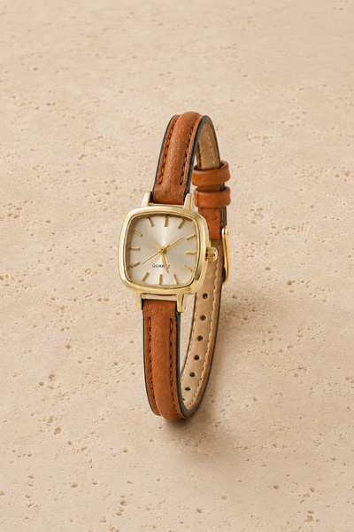 GANYMET Michy Minimal Women's Wristwatch Gold Square Case Tan Leather Cord Si...
