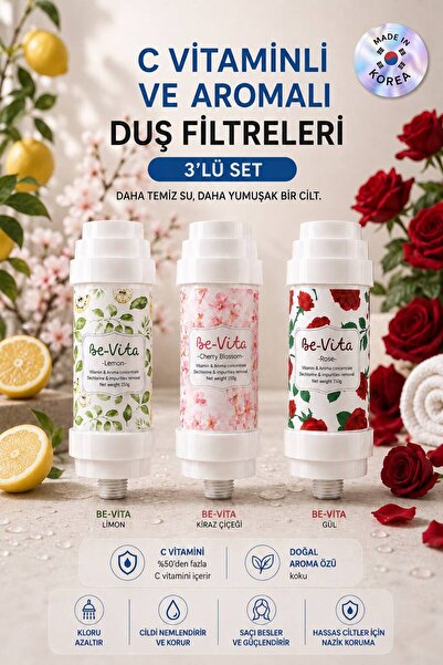 Be-Vita Lemon, Cherry Blossom Ve Rose Duş Filtresi - Saç Dökülme Karşıtı, Cilt Besleyici Klor ve Kireç Arıtıcı Duş Filtresi