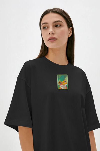 Nakışlı Kurbağa Desenli Oversize Tişört, Origami Tarzı Kurbağa Figürlü Unisex Siyah T-Shirt