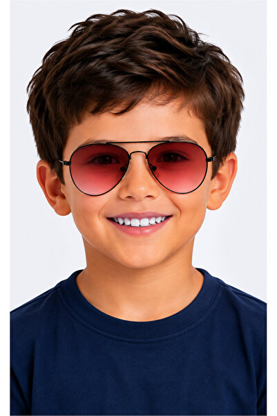 Toz Vintage Pusto Red Glass Black Frame Pilot Kids Sunglasses