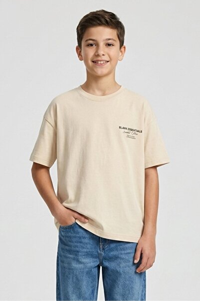 BLANK ESSENTIALS Kids Boy Short Sleeve Brand Logo T-Shirt, Beige
