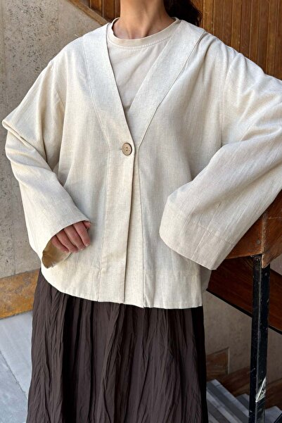 fayaboutique.com Natural Cream Single Button Hola Linen Jacket