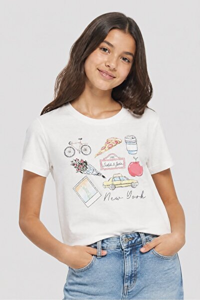 Scotch & Soda Kids Girl Crew Neck Short Sleeve Graphic Print T-Shirt, White