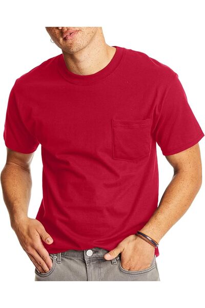 HANES تيشيرت بيفي من قماش ثقيل للرجال بكم قصير وجيب من هانس