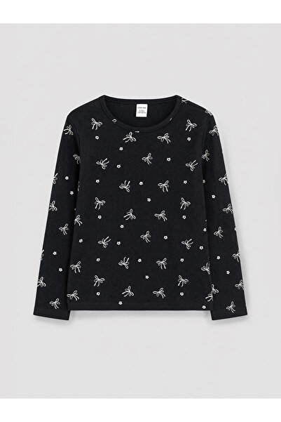 LC Waikiki Peak New Season Black Crew Neck Patterned Girl's T-Shirt