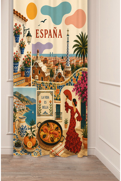 GREENDECOR España Concept Spanish Themed Retro Illustration Background Curtai...