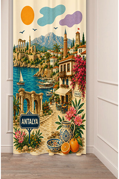 GREENDECOR Antalya Themed Retro Illustration Background Curtain - Kaleiçi, Mi...
