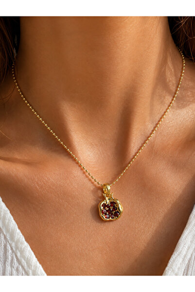 SEZİNİN TAKI DÜKKANI Abundance Symbol Pomegranate Seed Red Stone Women's Gold...