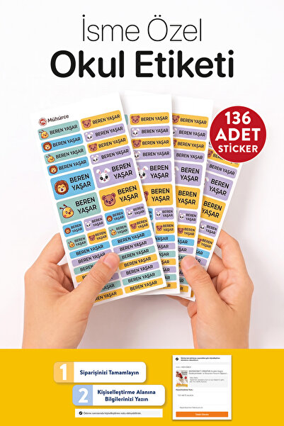MÜHÜRCE İsme Özel Okul Etiketi Seti 136 Adet - Suya Dayanıklı Renkli Figürlü ...