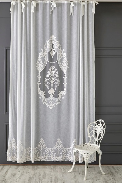 Tuna Textile Ornella Ekru-Bej Keten Görünümlü Nakışlı Panel Perde 7189-04-028.01