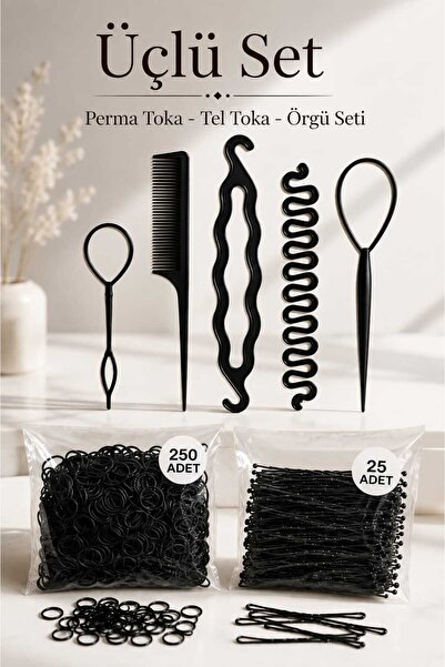 invictus design Kadın Siyah 5 Parça Saç Örgü Set, 250 Adet Minik Perma Lastik...