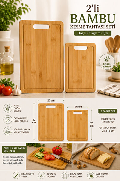 MAKRİ HOME 2’li Bambu Kesme Tahtası Seti, Kemer Klasik Köşe Kavis Model, 32x2...