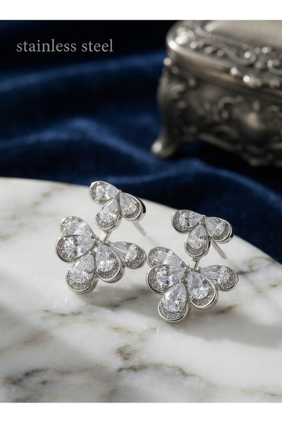 stainless steell Brass Silver Color Zircon Stone Drop Model Earrings