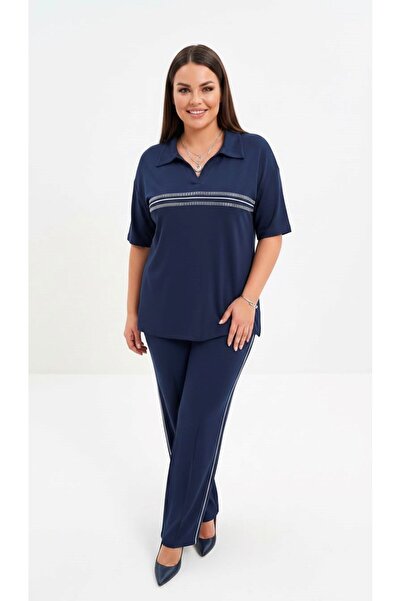 Koza Butik Women's Plus Size Short Sleeve Polo Collar Sweatshirt Set with Sto...
