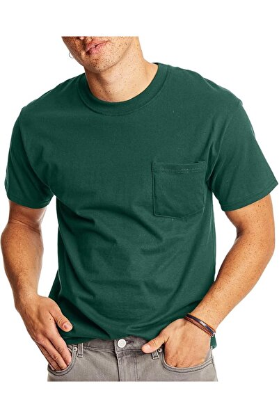 HANES تيشيرت بيفي من قماش ثقيل للرجال بكم قصير وجيب من هانس