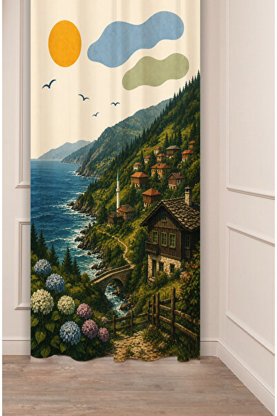 GREENDECOR Green Black Sea Inspired Retro Illustration Background Curtain - A...