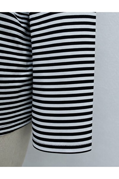 MODAQU Çizgili Bisiklet Yaka Salaş Viskon Sweatshirt Siyah