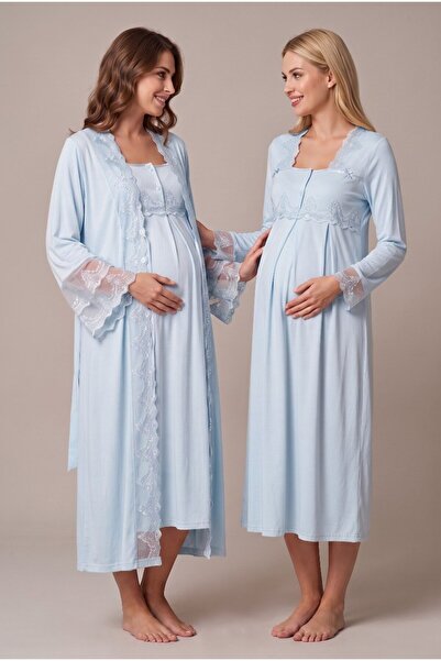 Pelin Women's Blue Lace Design Maternity Nightgown Set with Nursing Detail an...