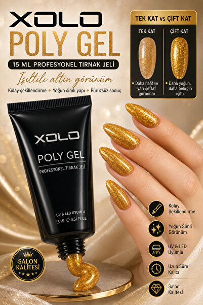 xolo 72 Parça Simli Altın Profesyonel Polygel Seti 54W UV LED Lambalı Protez Tırnak Nail Art Seti