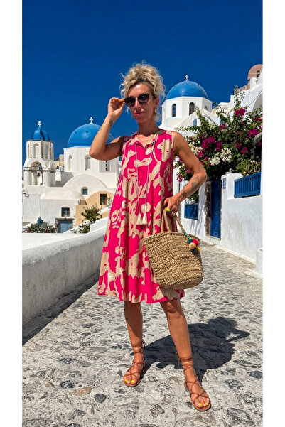 SAHRA BEACHWEAR FUŞYA DESENLİ ROBADAN PİLELİ FERAH YAZLIK BÜYÜK BEDEN ELBİSE