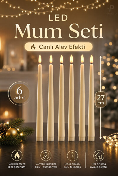 PASACO 6 Adet Pilli Alevsiz LED Şamdan Mumu Alev Efektli 27 cm Dekoratif Masa...