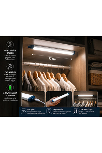kialed USB Şarjlı 17 cm Kablosuz LED Dolap Altı Aydınlatma 3 Kademeli Işık Taşınabilir Kamp Lambası