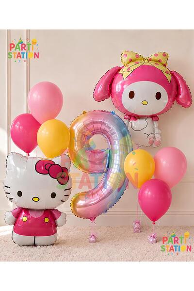 Parti Station Hello Kitty and Mymelody Themed 9Th Birthday Balloon Set - 9-Pi...