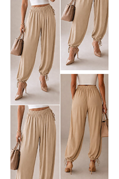 ACELYA Trousers with Waist and Leg Drawstrings Sandy Fabric Shalwar with a Hi...
