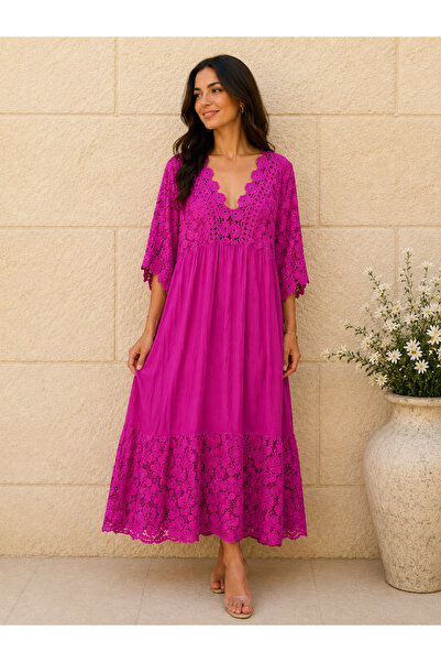 AGORATEKSTİL Women's Original Italian Cotton Fabric Lace Dress 44-46