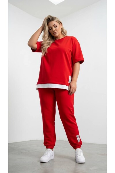 Koza Butik Women's Plus Size Short Sleeve Tracksuit Set with Side Label Detai...