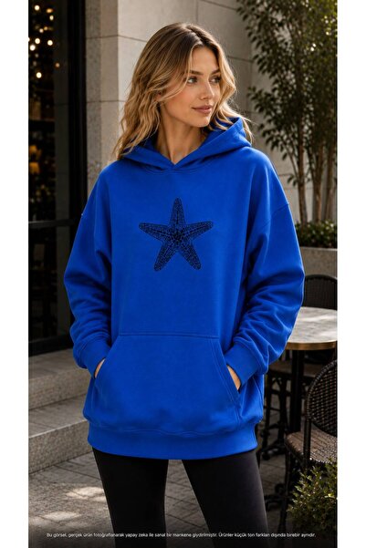 EMMODA Women's Large Starfish Printed Hooded Casual Sweatshirt with Kangaroo ...