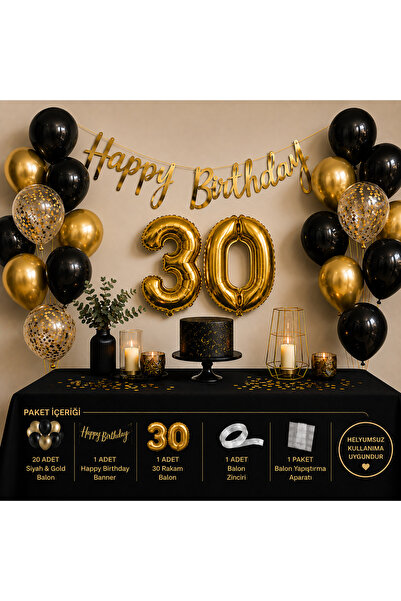 BOXLAND Doğum Günü Süsleme Seti Siyah Gold Balon Seti Happy Birthday Banner R...