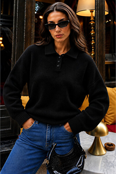 EGEMS Women's Shirt Collar Buttoned Sweater with Beard Thread Detail