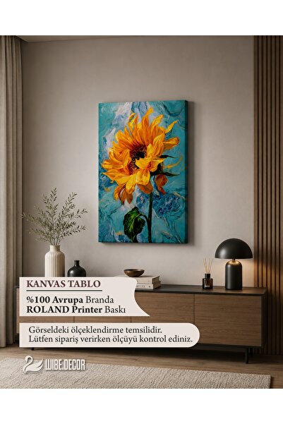 Genel Markalar Sarı Ayçiçeği Kanvas Tablo – Turkuaz Mavi Fonlu Renkli Çiçek M...