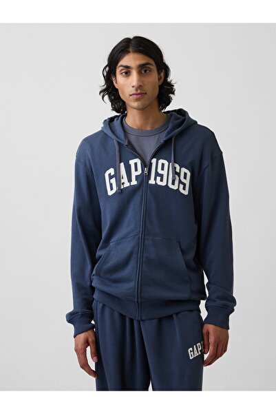 GAP Erkek Lacivert Fransız Havlu Kumaş Relaxed 1969 Logo Fermuarlı Sweatshirt