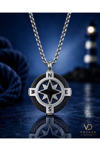 voyageaccessory Stainless Steel Black Color Detailed Compass Necklace