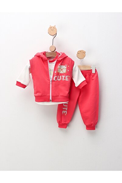 MiniKids Compleu 3 piese, Cute Cat, corai aprins