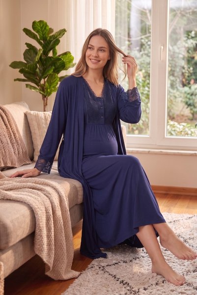 Miss Dünya Lissa Alina Sabahlıklı Lace Detailed Zero-Sleeve Maternity and Postpartum Nightgown Set Suitable for Breastfeeding