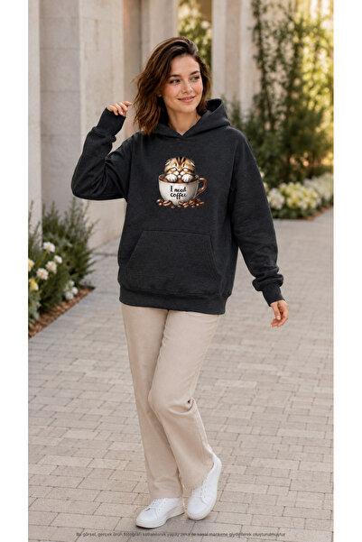EMMODA Women's Coffee Themed Cat Inside Cup Graphic Printed Hooded Casual Swe...