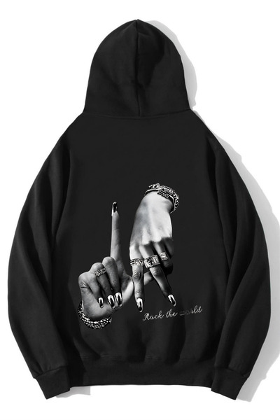 BRZ COLLECTION Unisex Oversize Rock The World Hoodie Siyah