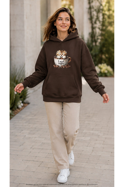 EMMODA Women's Coffee Themed Cat Inside Cup Graphic Printed Hooded Casual Swe...