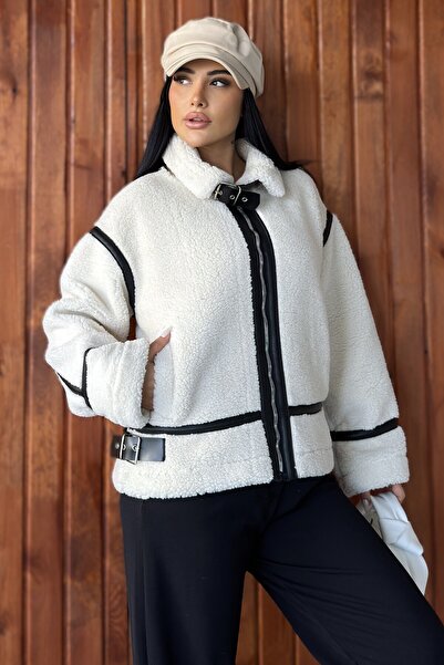 moda armanc Kadın Deri Şeritli Dik Yaka Peluş Ceket - Oversize Teddy Biker Mont