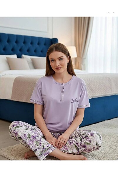 Mihra ANNE PİJAMA TAKIMI - Ring Viskon Mor Zambak Kadın Pijama Takımı